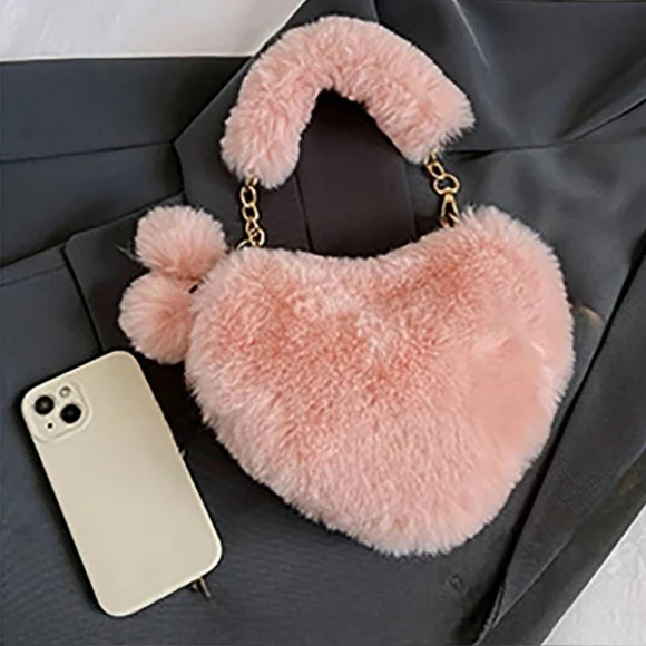 Beige Hobo Mini Tote Handbag Fluffy Fur Purse - Picture 5 of 5